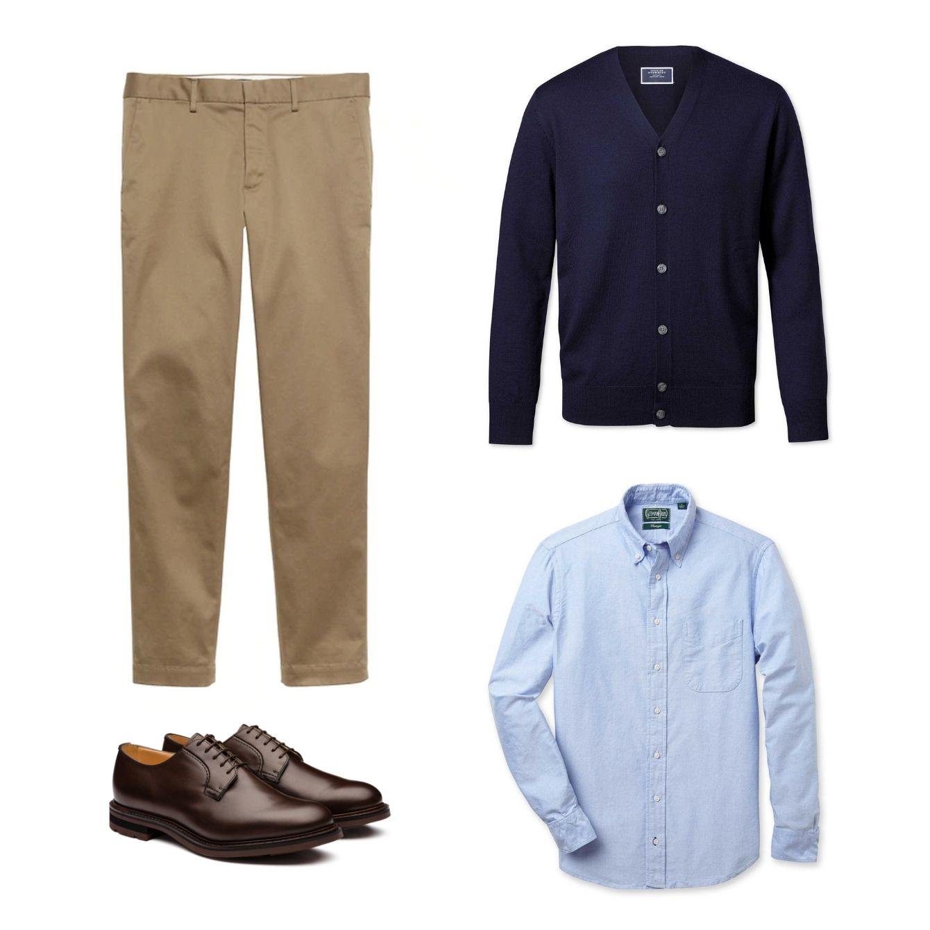 Men's khaki chinos next to a navy blue cardigan, blue dress shirt and brown derby shoes.