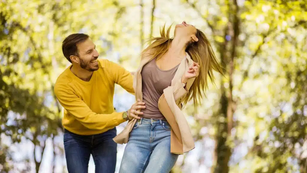 A happy couple in nature.