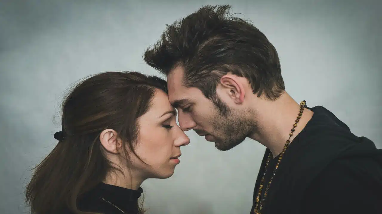 A couple with their foreheads together