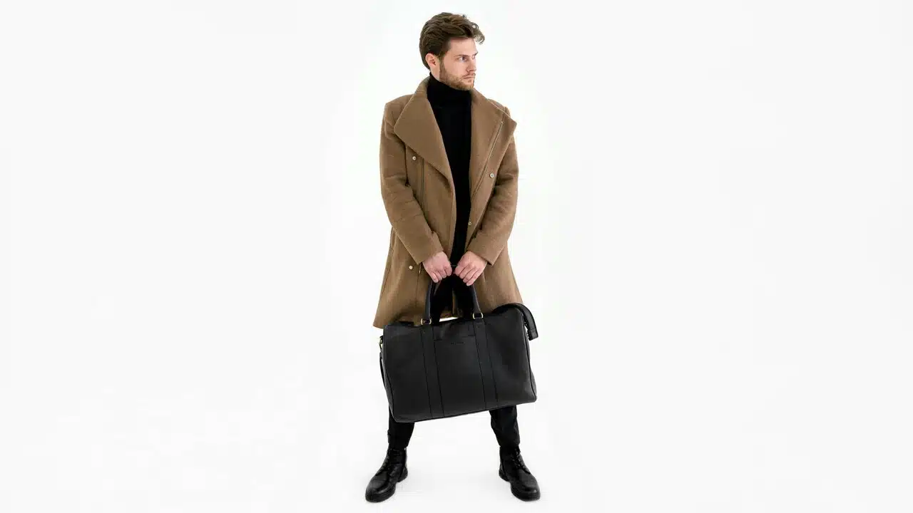 A man carrying a black bag.