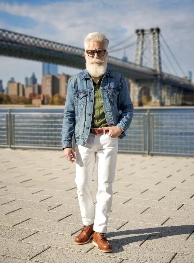 A man standing on a paved area with a denim jacket, green shirt, white pants, and brown shoes, with a bridge and city skyline in the background.